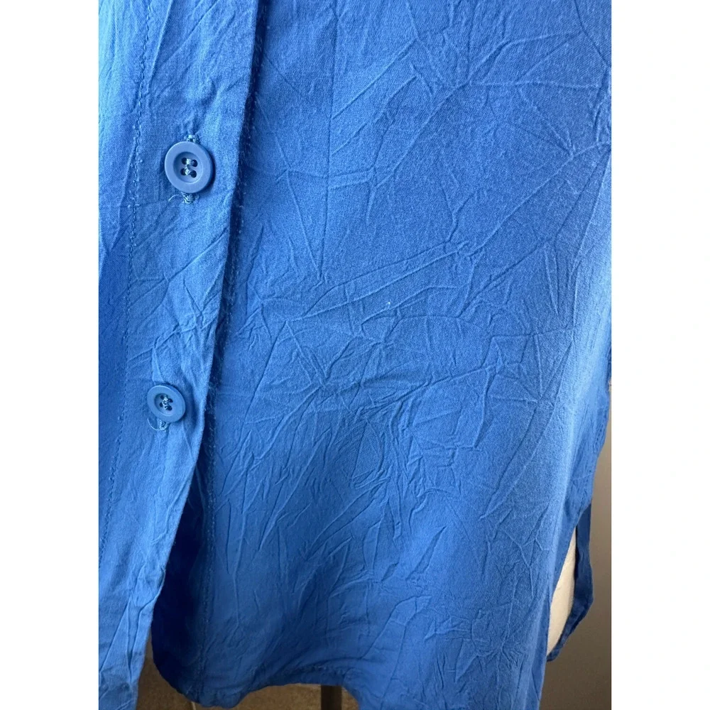 Jams World Solid Dutch Blue Button Blouse Crinkle Shirt Sz Small 3/4 Sleeve Top - Picture 12 of 16